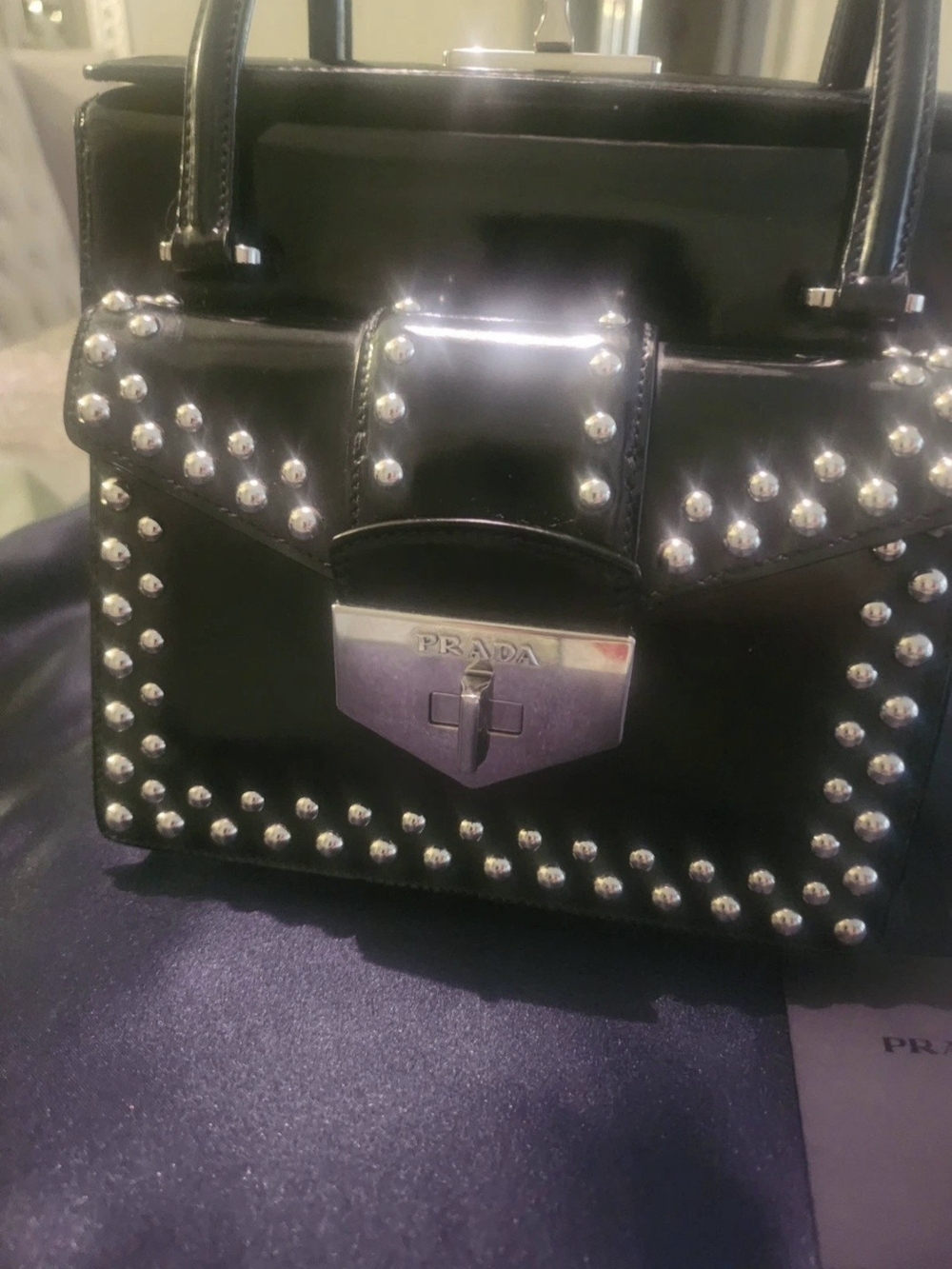 Prada Black Patent Leather Studded Top-Handle Satchel - Picture 2 of 5
